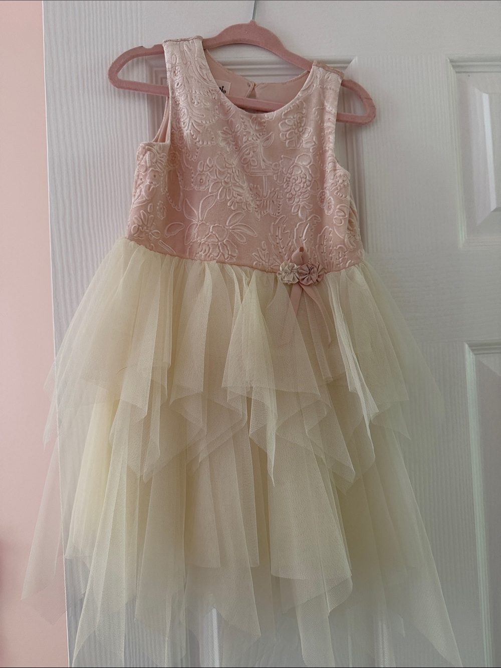 Girls Pink Embroidered Bodice with Cream Layered Tulle Dress